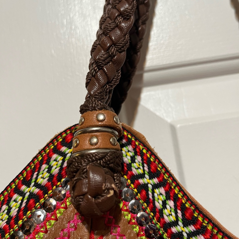The Sak Brown Leather Shoulder Bag with Pink & Cream Embroidered Trim - Picture 6 of 15